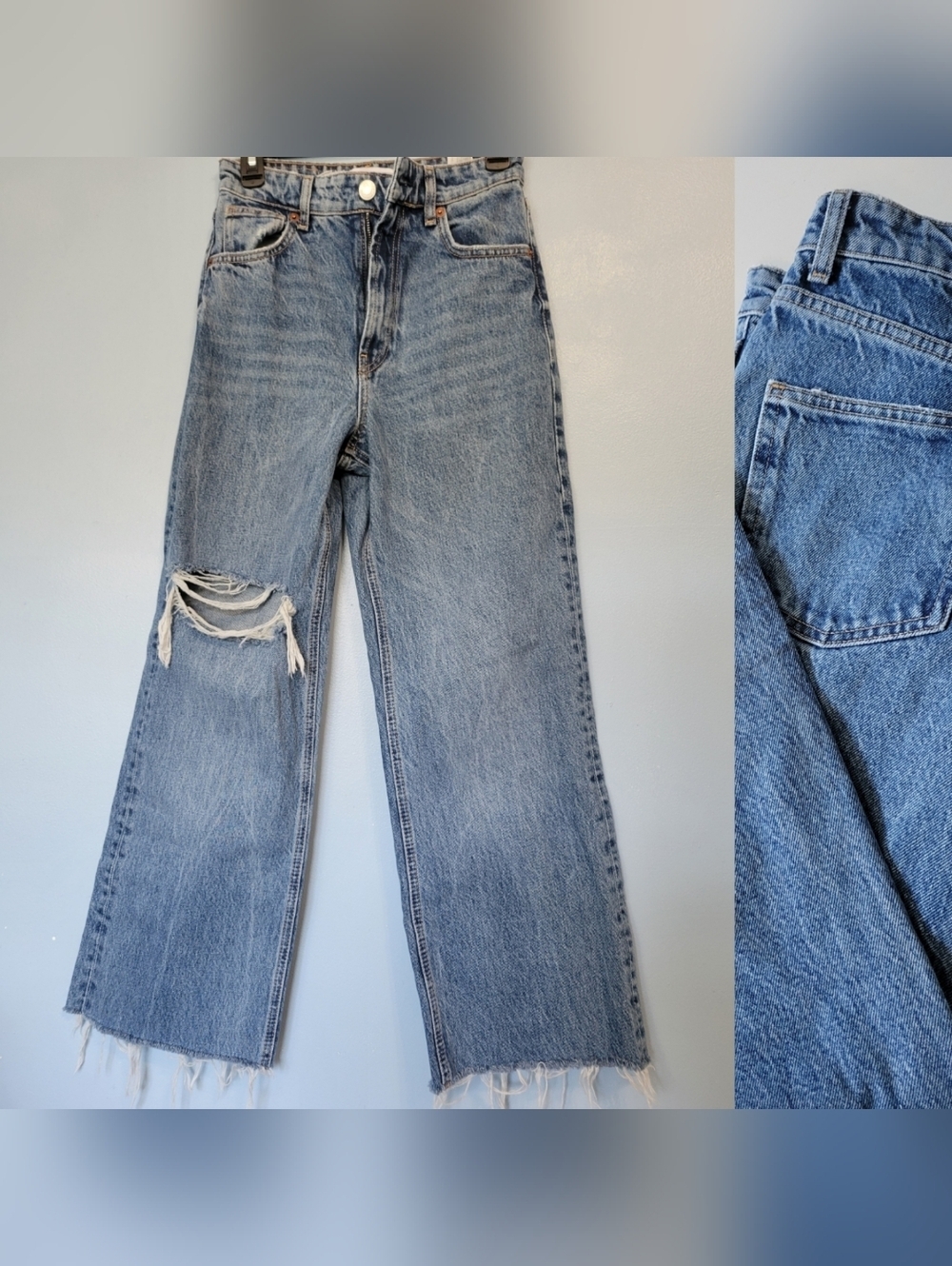 Zara Busted Knee Wide Leg Light Blue Frayed  Hem Jeans Size 4